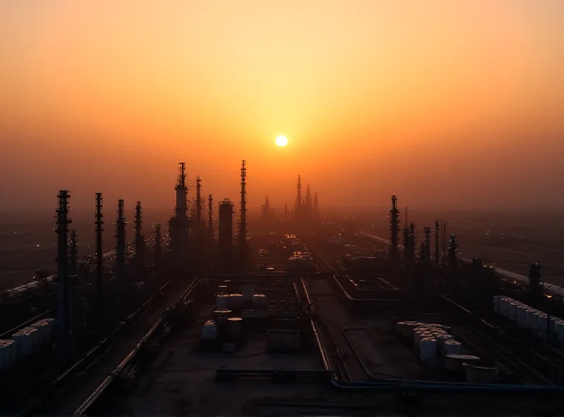 Aerial view of an Aramco oil refinery at sunset