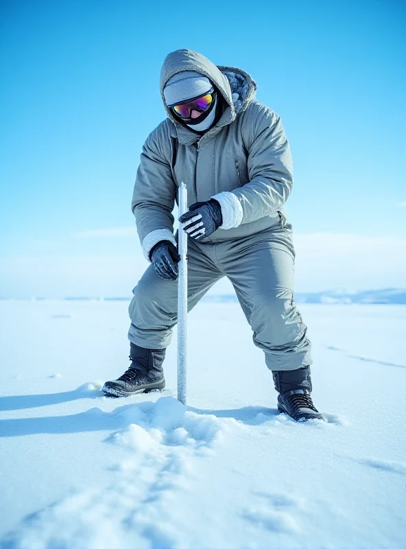 Scientist in Arctic gear taking ice core samples on a vast, snowy landscape.