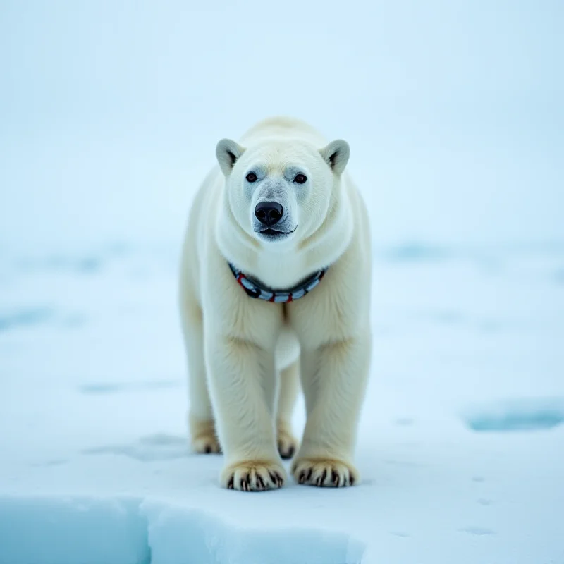 Close-up of a polar bear wearing a tracking collar, standing on a shrinking ice floe.