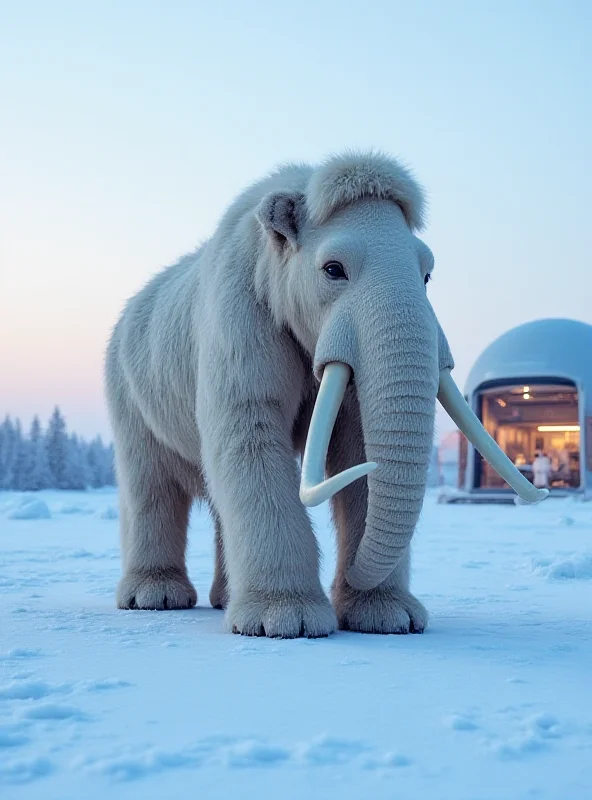 A fluffy mammoth standing on a snowy arctic plain, with a futuristic laboratory visible in the background.