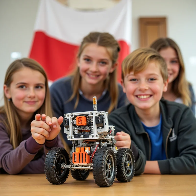 A group of five elementary school students proudly displaying their robot, Jordan, with the Czech flag in the background.