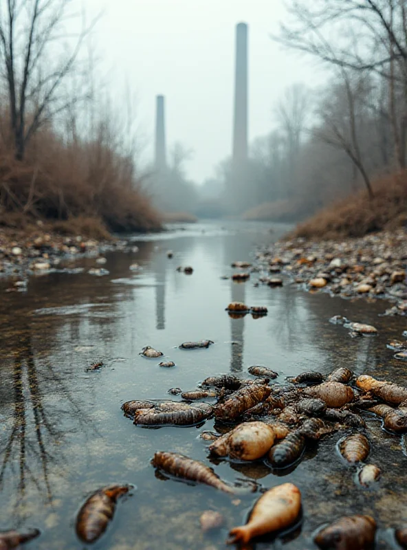 A polluted river with trash and industrial waste, with the Armenian and Iranian flags subtly in the background, representing the environmental dispute.