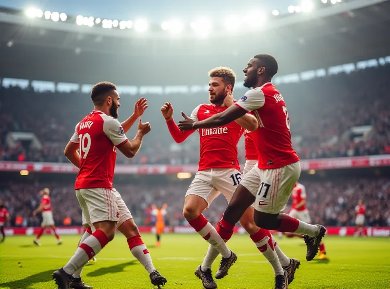 Arsenal players celebrating a goal during a Champions League match against PSV Eindhoven.