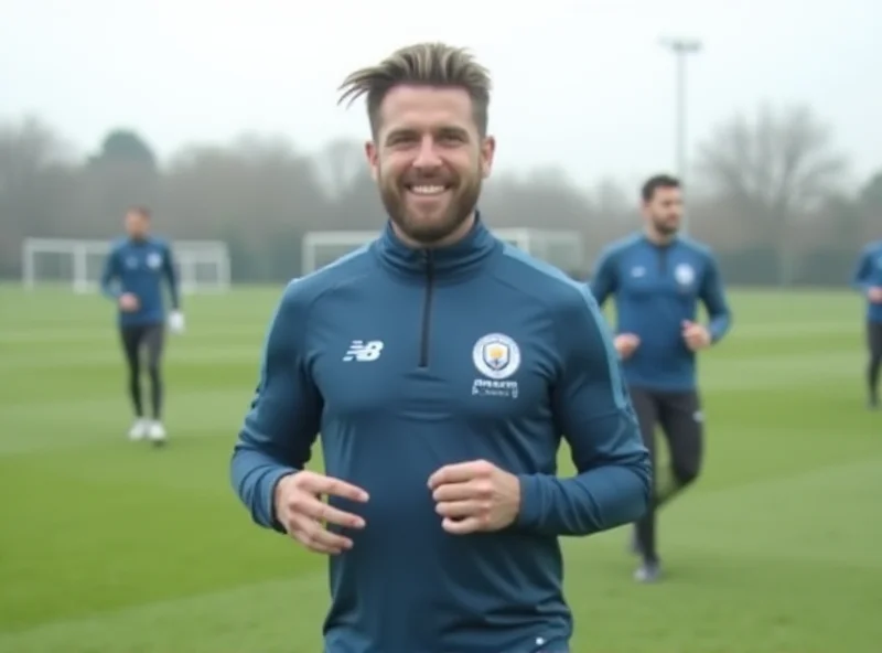 Rodri in Manchester City training gear, jogging on the field. He is smiling slightly and appears to be in good spirits.