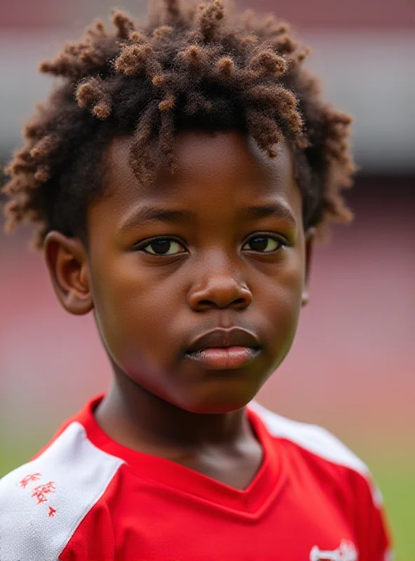 Close-up portrait of Ethan Nwaneri in his Arsenal kit on the field.