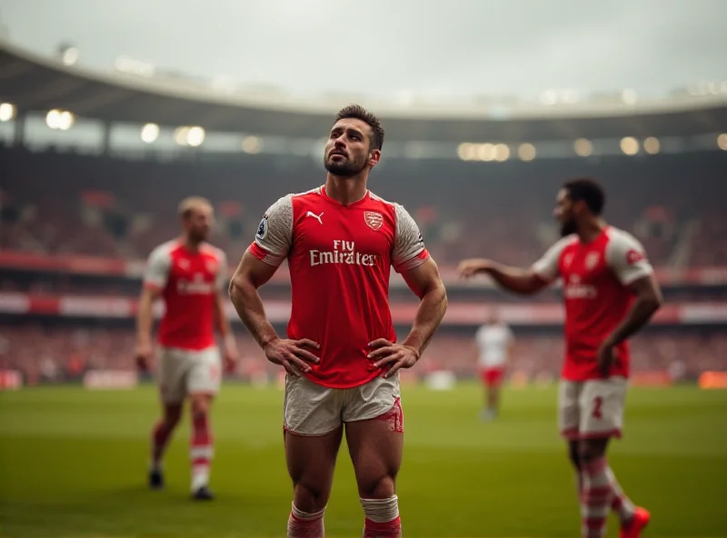 Image of Arsenal players looking dejected after a missed scoring opportunity during a game. The stadium is in the background, slightly blurred.