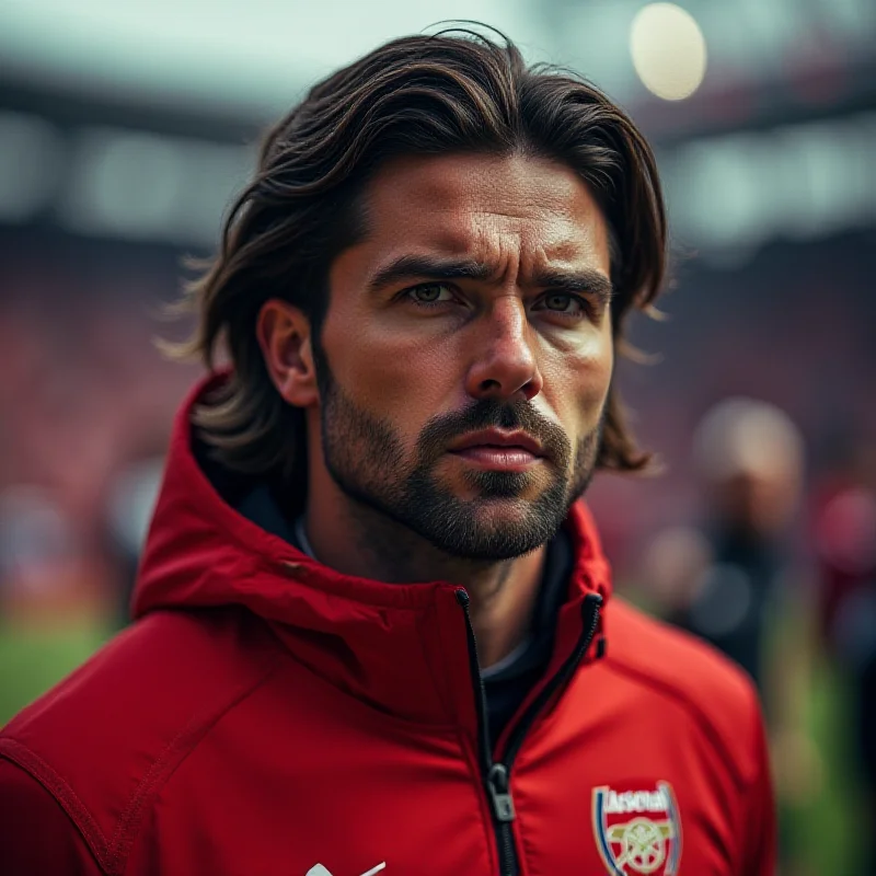 A close-up photo of Mikel Arteta with a concerned expression on his face during an Arsenal game. The background shows the stadium and other players.