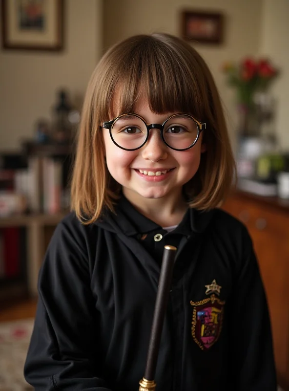 A child dressed as Harry Potter for World Book Day, wearing round glasses and a makeshift wand.