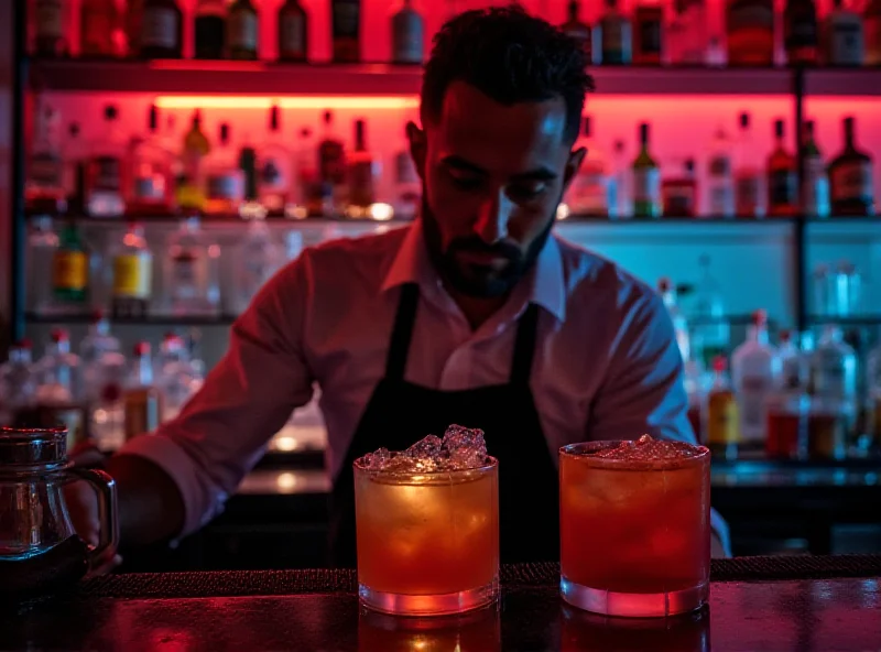 A vibrant cocktail being mixed by a bartender in a dimly lit bar setting, with a focus on the swirling liquids and the bartender's focused expression.