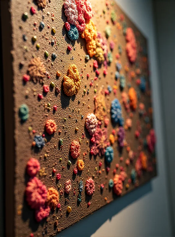 A close-up shot of a detailed textile artwork, showcasing intricate stitching, vibrant colors, and a variety of textures, possibly displayed at an art fair.