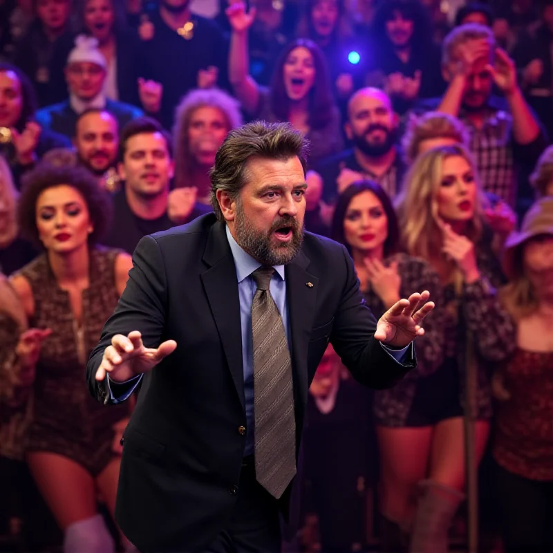 A dynamic image of Cyril Hanouna hosting the TPMP show, with a lively studio audience and bright, colorful set design.