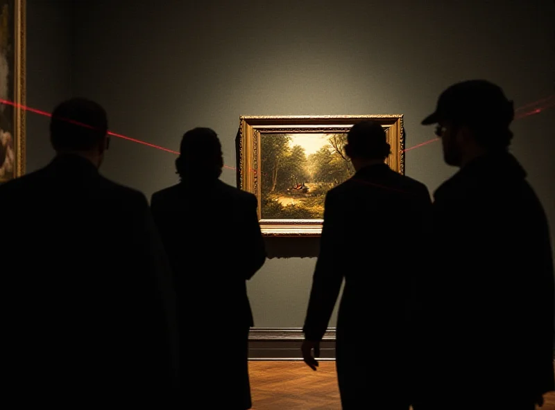 A dramatic scene depicting a museum robbery, with shadowy figures stealing a painting under the cover of darkness.