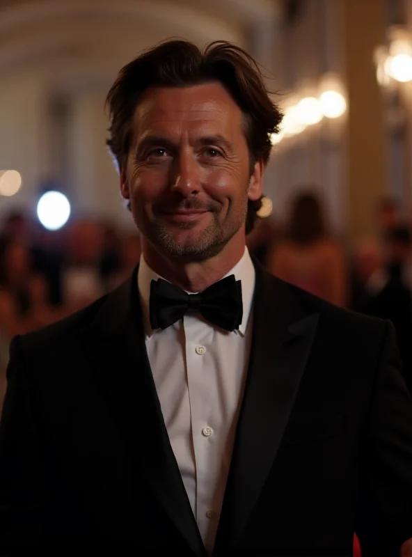 A medium shot of Adrien Brody at an awards ceremony, smiling warmly and looking directly at the camera.