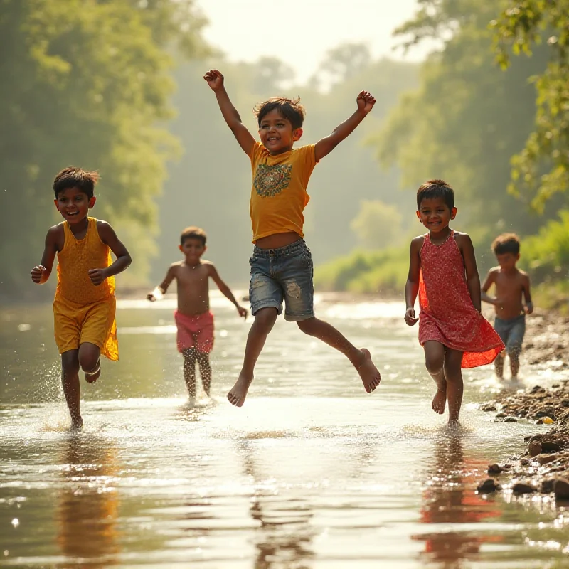 A vibrant photograph of a group of children playing near a riverbank in India, with one boy jumping in mid-air, capturing a moment of pure joy and energy.