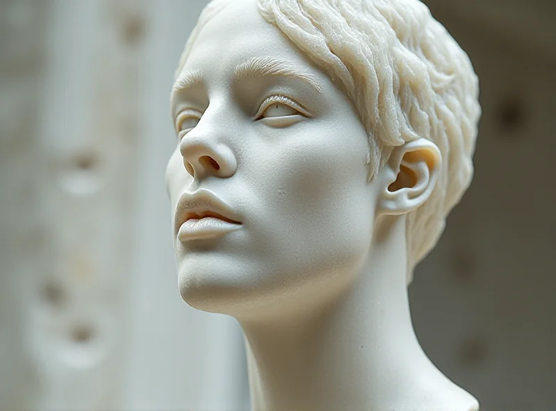 A close-up of one of Jaume Plensa's alabaster head sculptures from the 'Entre sueños V3.0' series. The head is serene and contemplative, with subtle details in the stone suggesting inner thoughts and emotions. The background is blurred, focusing the viewer's attention on the sculpture's facial features.