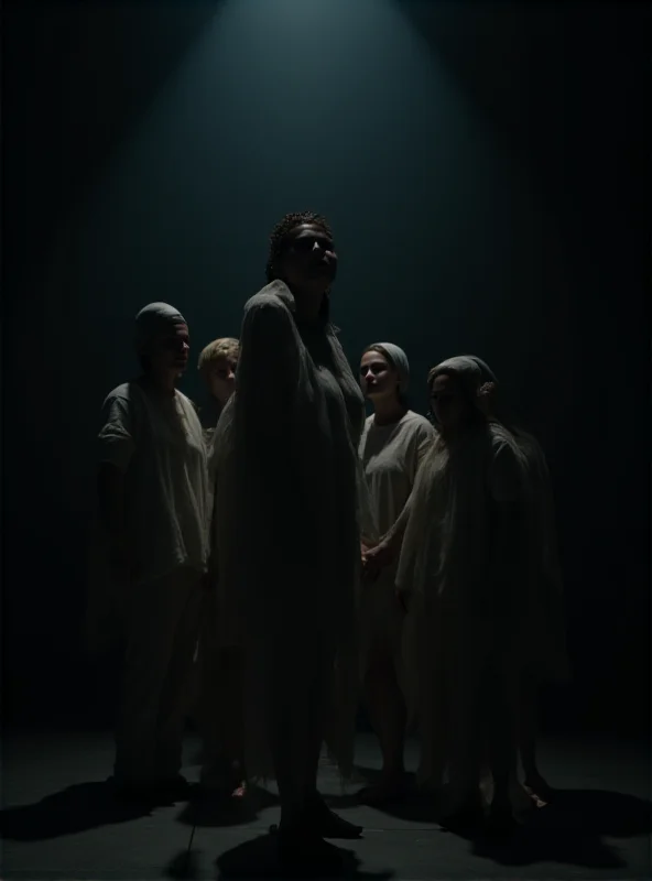 A theatrical scene from 'Marie la Roja'. Several actresses are dressed in simple, prison-like attire, standing in a dimly lit room. The lighting is dramatic, casting long shadows and highlighting the emotions on the actresses' faces. The set design is minimalist, focusing on the raw and oppressive atmosphere of a prison environment.