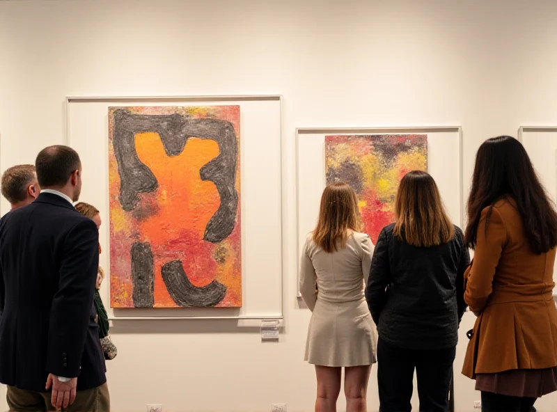 A modern art gallery space. A piece by Wynnie Mynerva is on display, featuring abstract shapes and textures that evoke themes of the body and sexuality. The artwork is brightly colored and visually striking, drawing the viewer's attention. Other gallery visitors are observing the artwork, some with intrigued expressions.