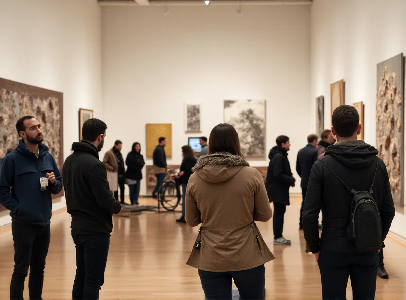 A photograph of visitors admiring modern art sculptures in a brightly lit museum gallery, focusing on the interaction between people and art.