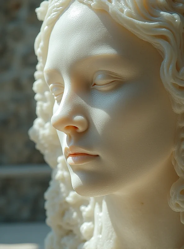 A close-up shot of a monumental alabaster sculpture of a human head, showcasing the intricate details and translucent quality of the material.