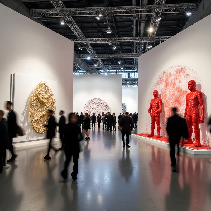 A wide shot of the ARCOMadrid art fair, showcasing the EL PAÍS booth where Jaume Plensa's 'Entre sueños V3.0' is exhibited. The atmosphere is buzzing with activity as people interact with the art.