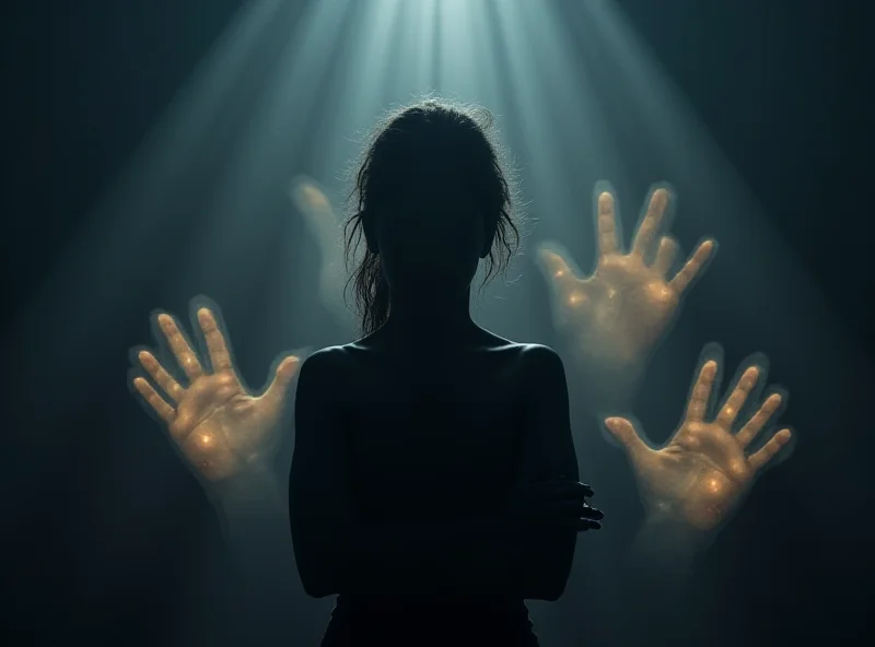 A stylized image representing justice and protection, with a silhouette of a young woman surrounded by shielding hands.