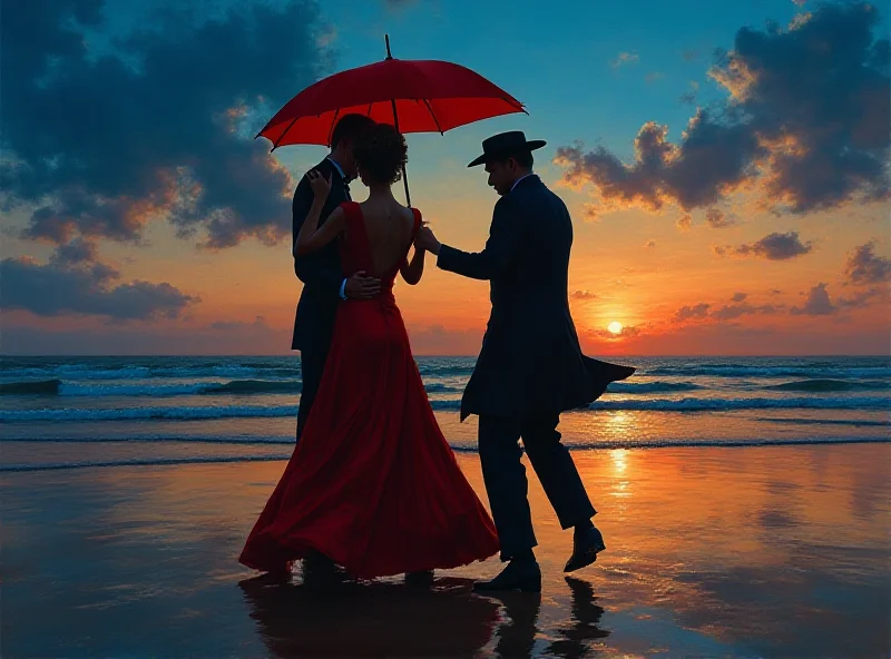 A painting in the style of Jack Vettriano, showing a couple dancing on a beach with a butler and maid holding umbrellas in the background.