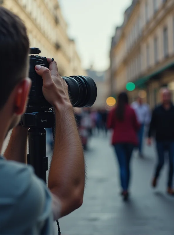 A person holding a camera and filming in a public space, with a blurred background of buildings and people.