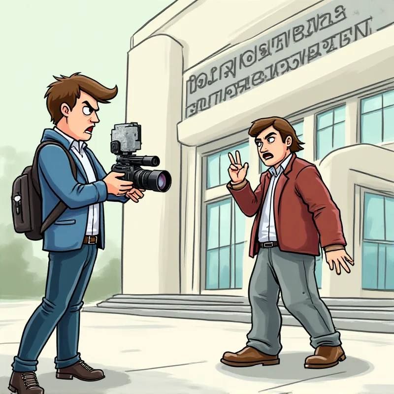 A cartoon depiction of a person with a camera harassing a security guard in front of a building.