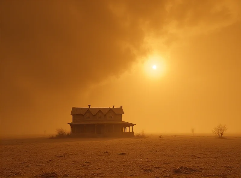 A desolate landscape with a lone farmhouse silhouetted against a dust storm.