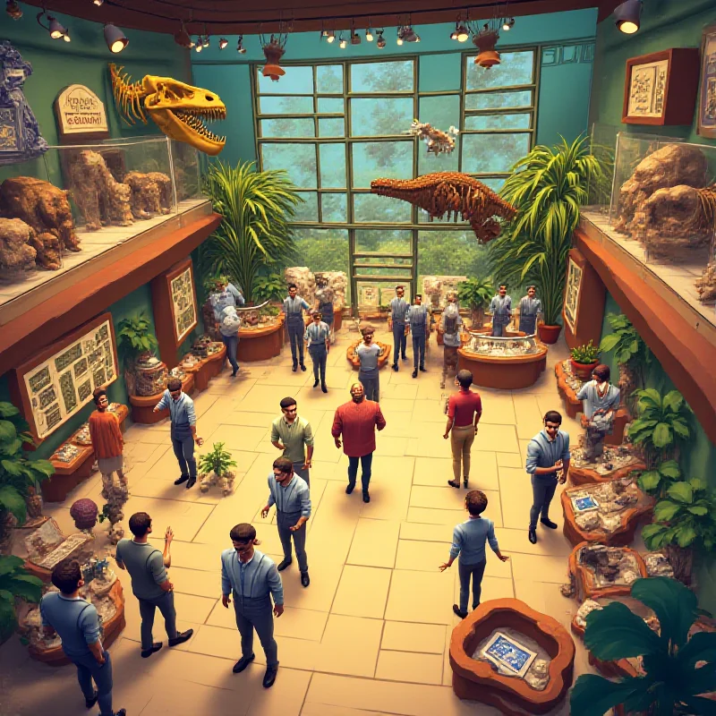 A screenshot from Two Point Museum showing a bustling museum interior with various exhibits and visitors.