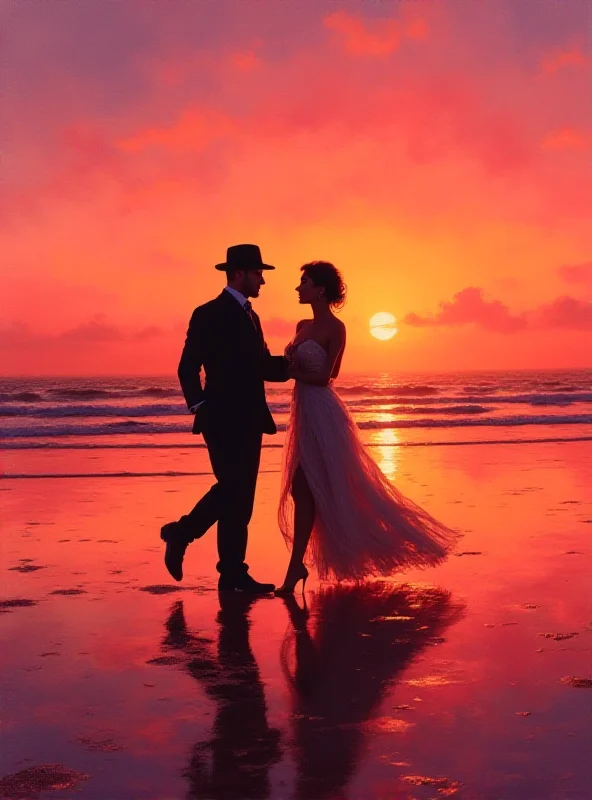 A painting in the style of Jack Vettriano, depicting a couple dancing on a beach at sunset