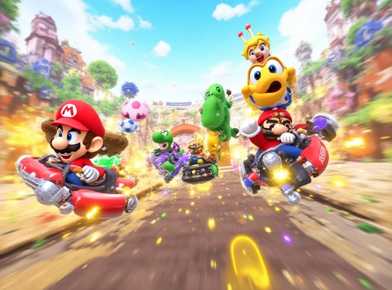 A screenshot from Mario Kart 8 Deluxe, showing multiple karts racing on a vibrant track