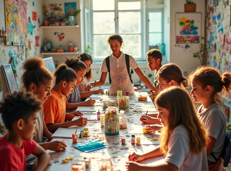 A diverse group of young people participating in an art class, surrounded by easels and art supplies.