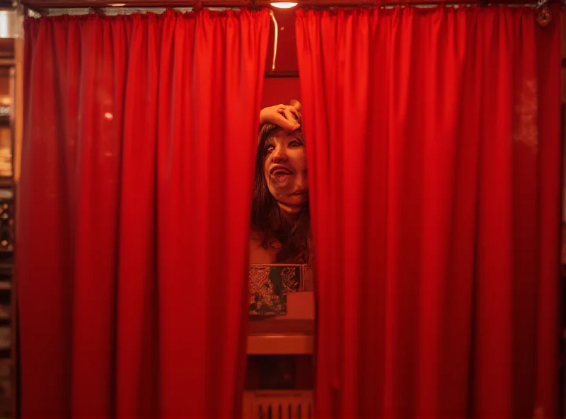 A classic photo booth with a curtain and a person inside taking pictures.