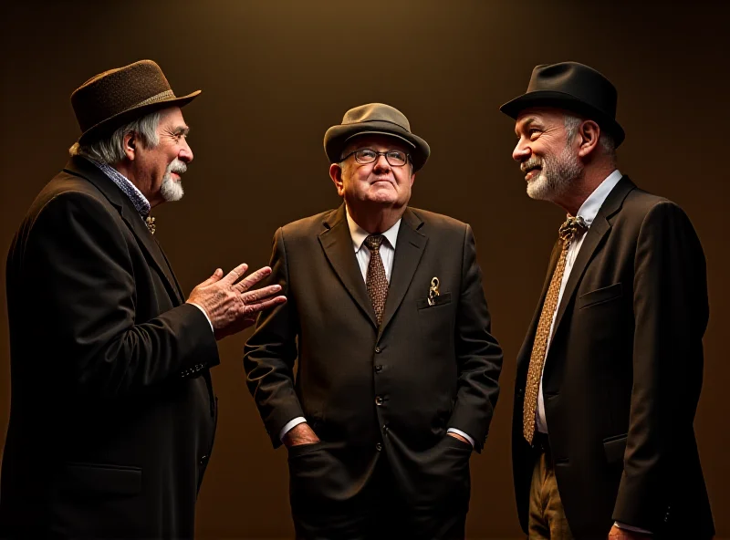 A stage scene depicting actors portraying Eric Morecambe, Tommy Cooper, and Bob Monkhouse in a dressing room.