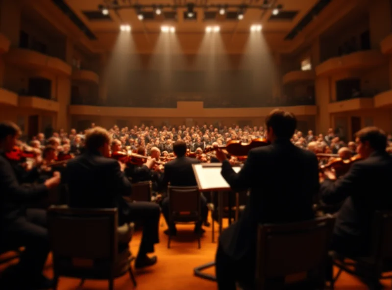 A concert hall with a symphony orchestra performing