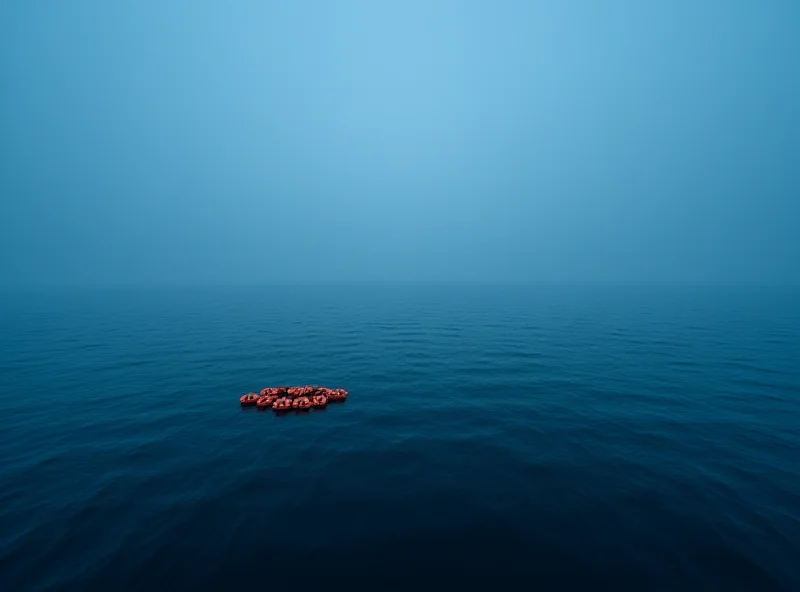 A wide shot of a dark blue sea with a faint horizon. A cluster of orange life jackets floats in the foreground.