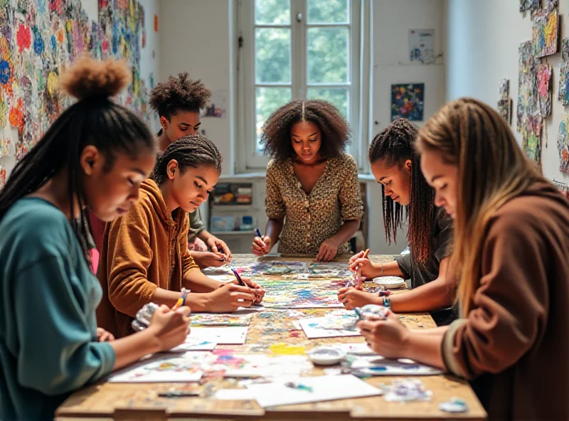 A diverse group of young people collaborating on an art project in a brightly lit studio.