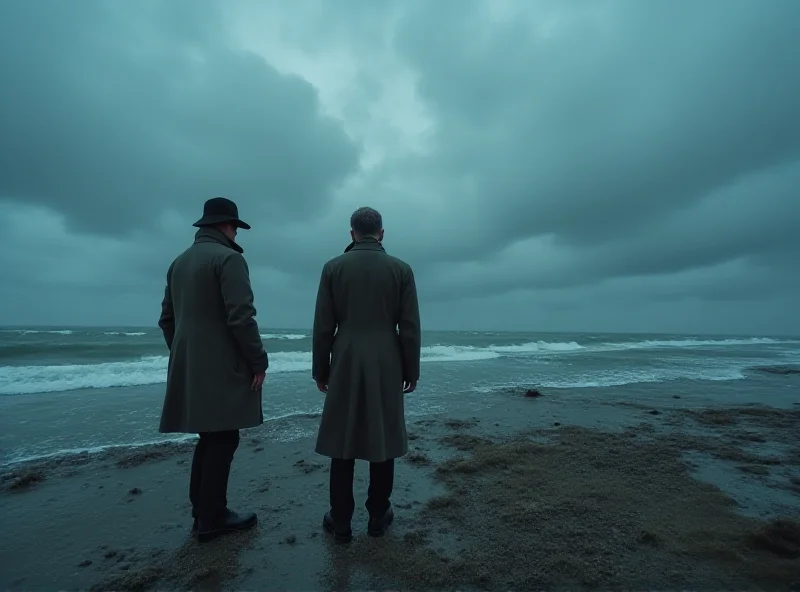 Two detectives standing on a windswept beach, looking out at the ocean. The scene is overcast and dramatic.