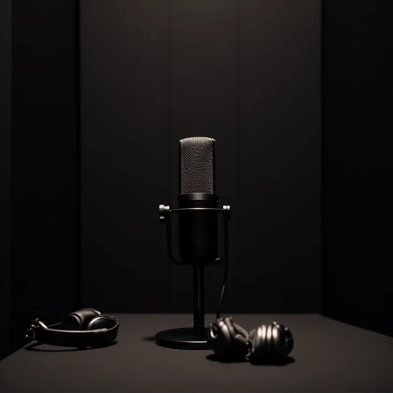 A microphone with headphones in a studio