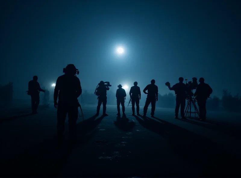 A silhouette of a film crew working on a movie set at night, with lights and equipment visible. The focus is on the intensity and potential danger of the scene.