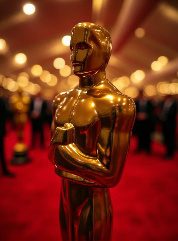 A close-up of a golden Oscar statue, reflecting the bright lights of a Hollywood awards ceremony. The focus is on the statue's details and the sense of prestige and anticipation surrounding the awards.