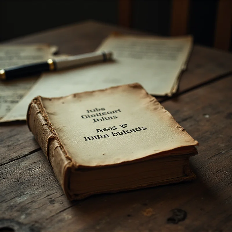 A close-up of an old, worn book with the title 'Elipsis and Other Shadows' visible, lying on a wooden table with scattered papers and a vintage pen.