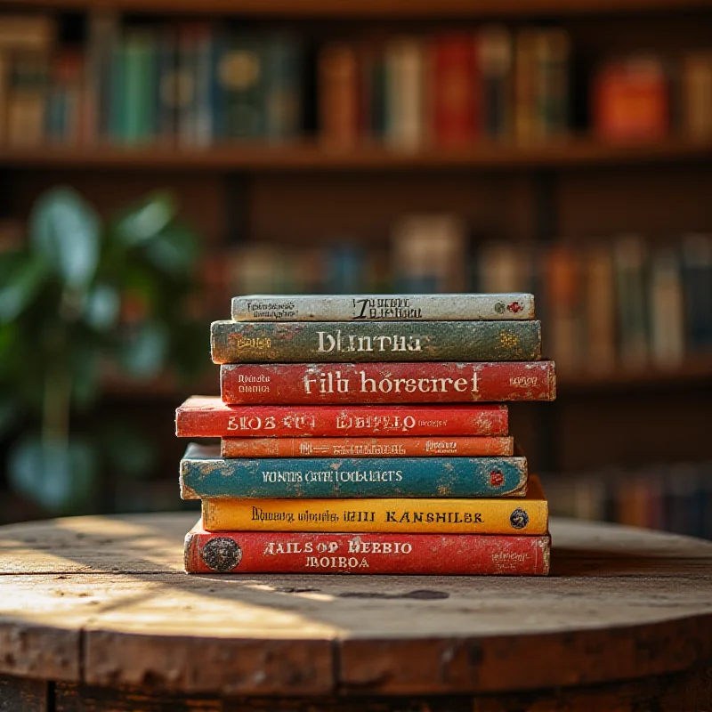 Stack of colorful books on a wooden table