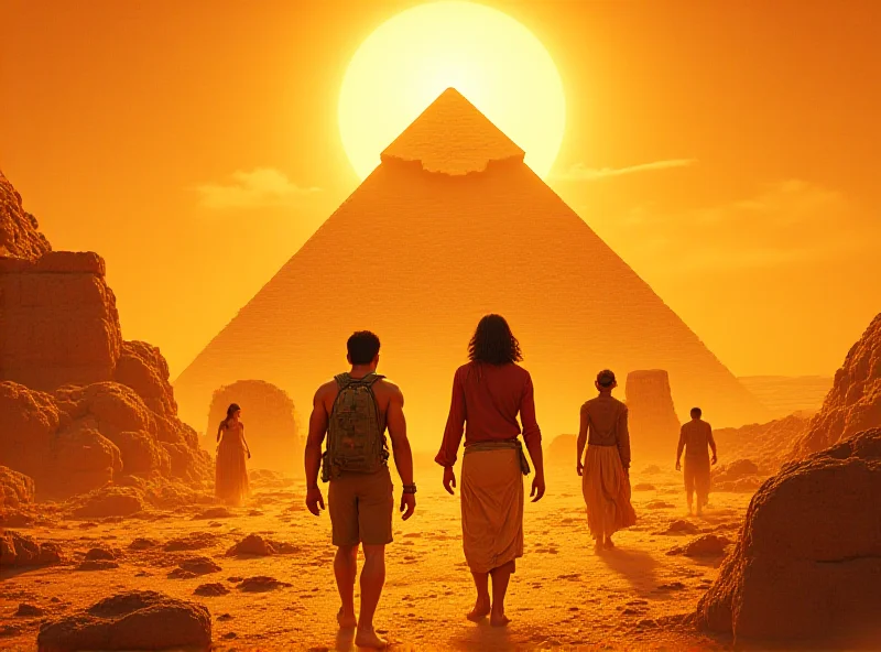 A movie poster for 'Le Secret de Kheops' featuring characters in an Egyptian setting, with pyramids and ancient artifacts in the background.