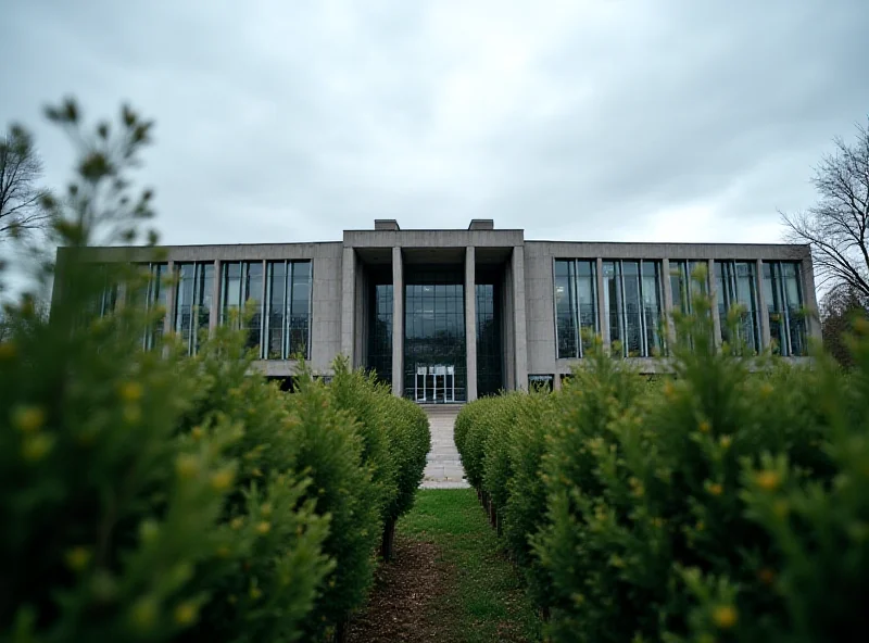 Exterior of a German courthouse on a cloudy day.