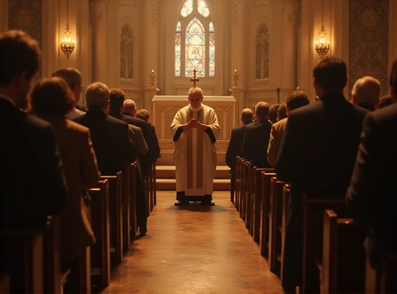 A wide shot of a church service during Ash Wednesday, showing the priest distributing ashes and the congregation participating in prayer.