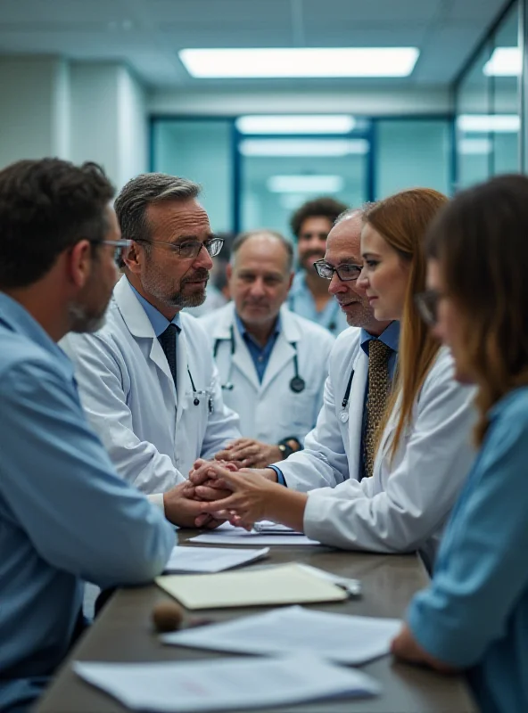 A diverse group of people participating in a clinical trial, with doctors and patients interacting.