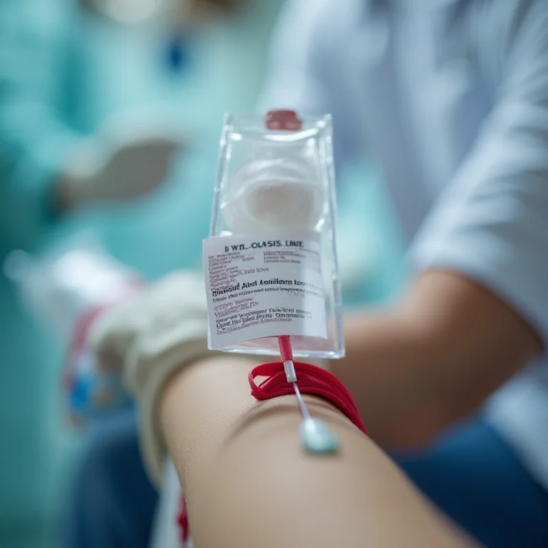 A close-up of a blood bag being filled with blood during a donation, with a focus on the label indicating the anti-D antibody.