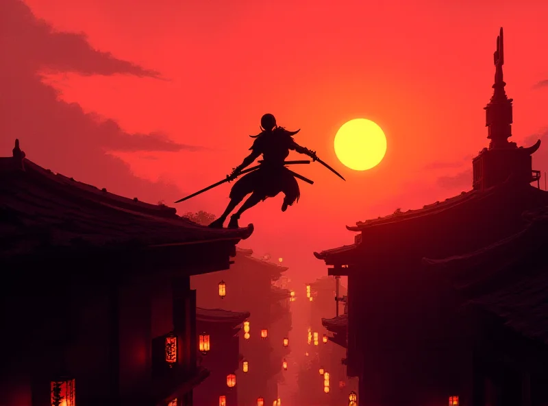 Screenshot of Assassin's Creed Shadows gameplay, showing a ninja character leaping across rooftops in a Japanese city.